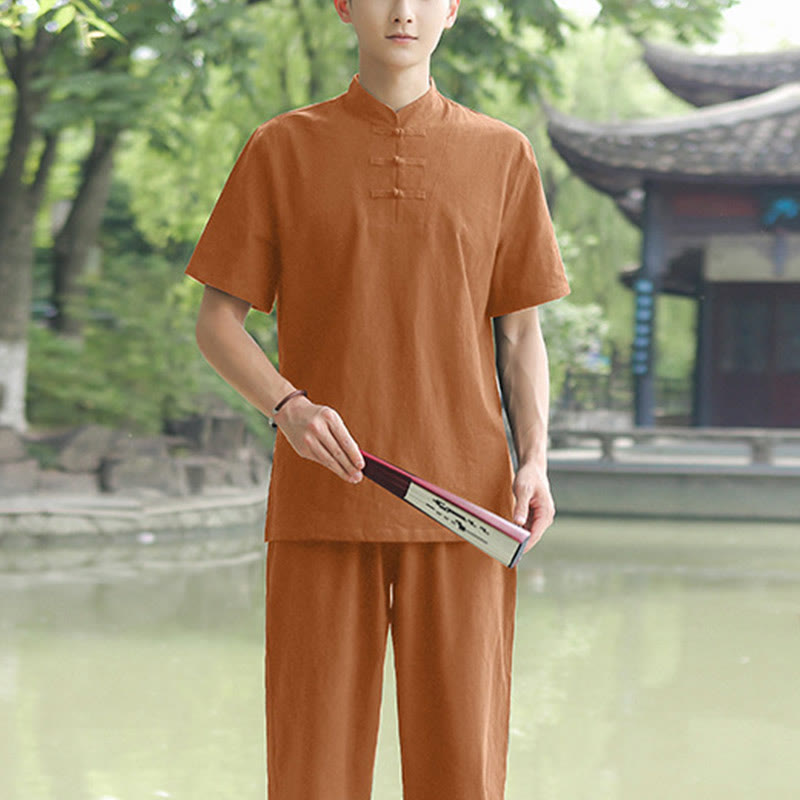 Buddha Stones 2-teiliges Herren-Kleidungsset mit kurzärmeligen Hemden, Oberteilen, T-Shirts und Hosen, Meditation, Zen, Tai Chi, Baumwolle und Leinen - Sandbraun (Oberteil und Hose) - US/ UK/AU48，EU58 (6XL) - image 3