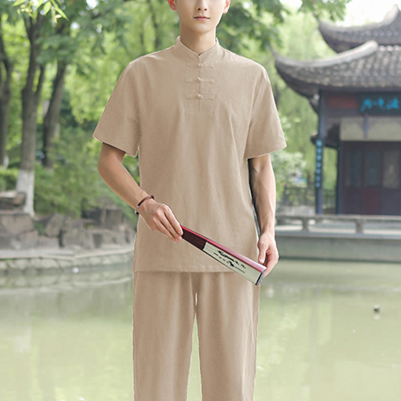 Buddha Stones 2-teiliges Herren-Kleidungsset mit kurzärmeligen Hemden, Oberteilen, T-Shirts und Hosen, Meditation, Zen, Tai Chi, Baumwolle und Leinen - Khaki (Oberteil und Hose) - US/ UK/AU48，EU58 (6XL) - image 7