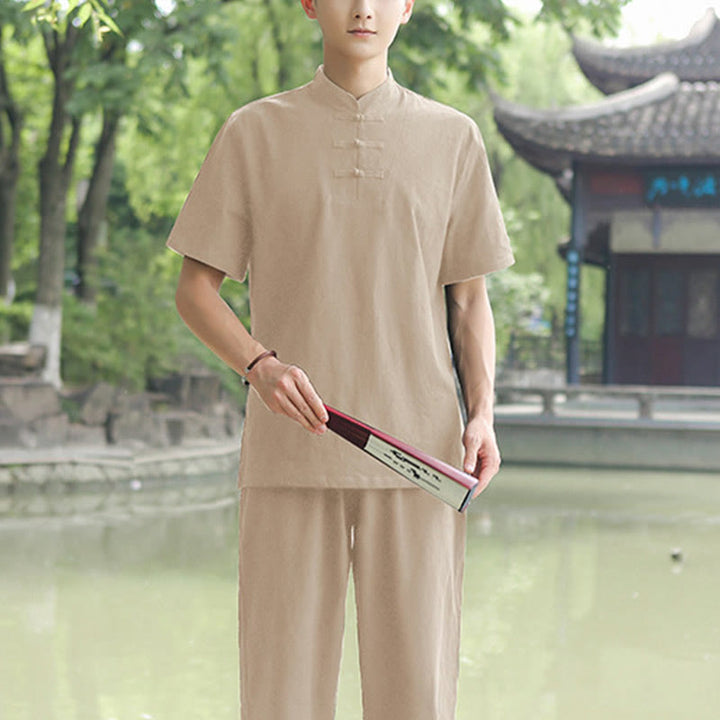 Buddha Stones 2-teiliges Herren-Kleidungsset mit kurzärmeligen Hemden, Oberteilen, T-Shirts und Hosen, Meditation, Zen, Tai Chi, Baumwolle und Leinen - Khaki (Oberteil und Hose) - US/ UK/AU48，EU58 (6XL) - image 7
