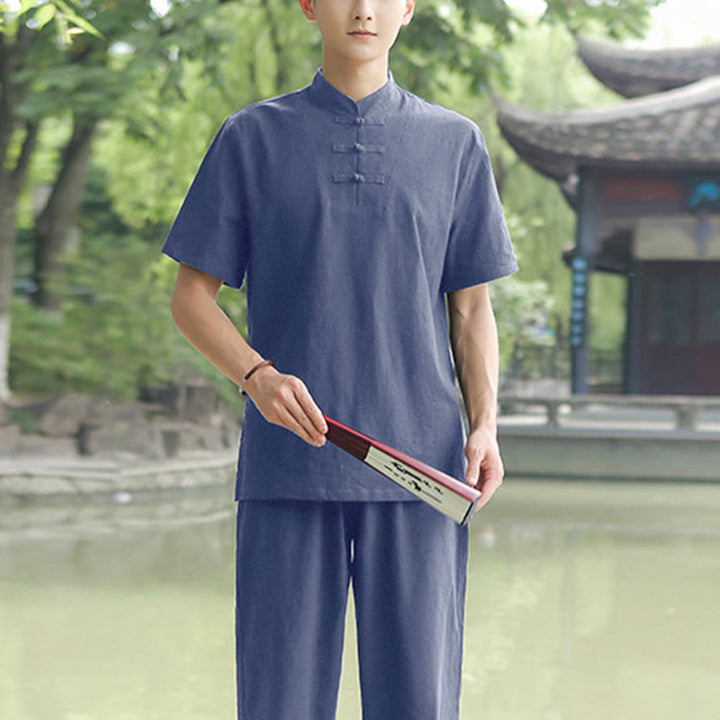 Buddha Stones 2-teiliges Herren-Kleidungsset mit kurzärmeligen Hemden, Oberteilen, T-Shirts und Hosen, Meditation, Zen, Tai Chi, Baumwolle und Leinen - Blau (Oberteil und Hose) - US/ UK/AU48，EU58 (6XL) - image 5