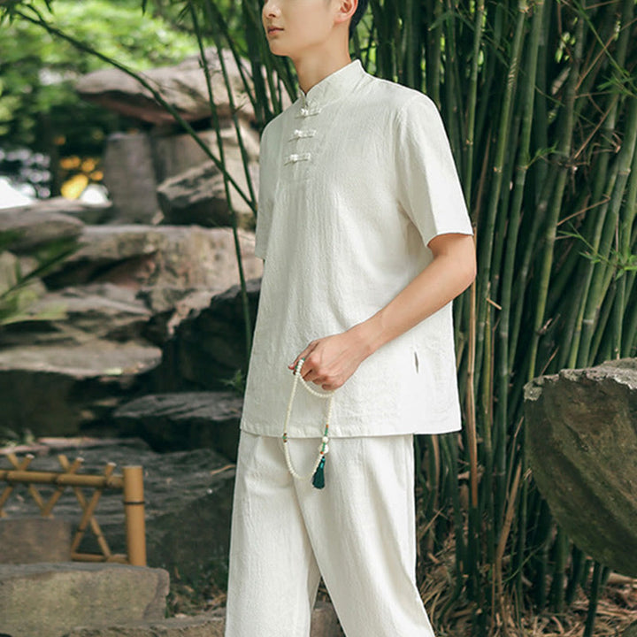 Buddha Stones 2-teiliges Herren-Kleidungsset mit kurzärmeligen Hemden, Oberteilen, T-Shirts und Hosen, Meditation, Zen, Tai Chi, Baumwolle und Leinen - image 1