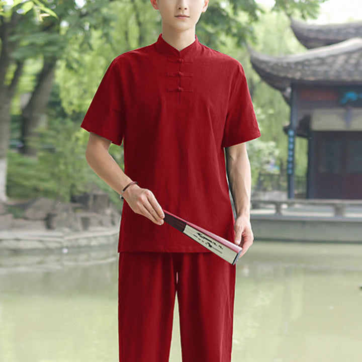 Buddha Stones 2-teiliges Herren-Kleidungsset mit kurzärmeligen Hemden, Oberteilen, T-Shirts und Hosen, Meditation, Zen, Tai Chi, Baumwolle und Leinen - Weinrot (nur Oberteil) - US/ UK/AU48，EU58 (6XL) - image 9