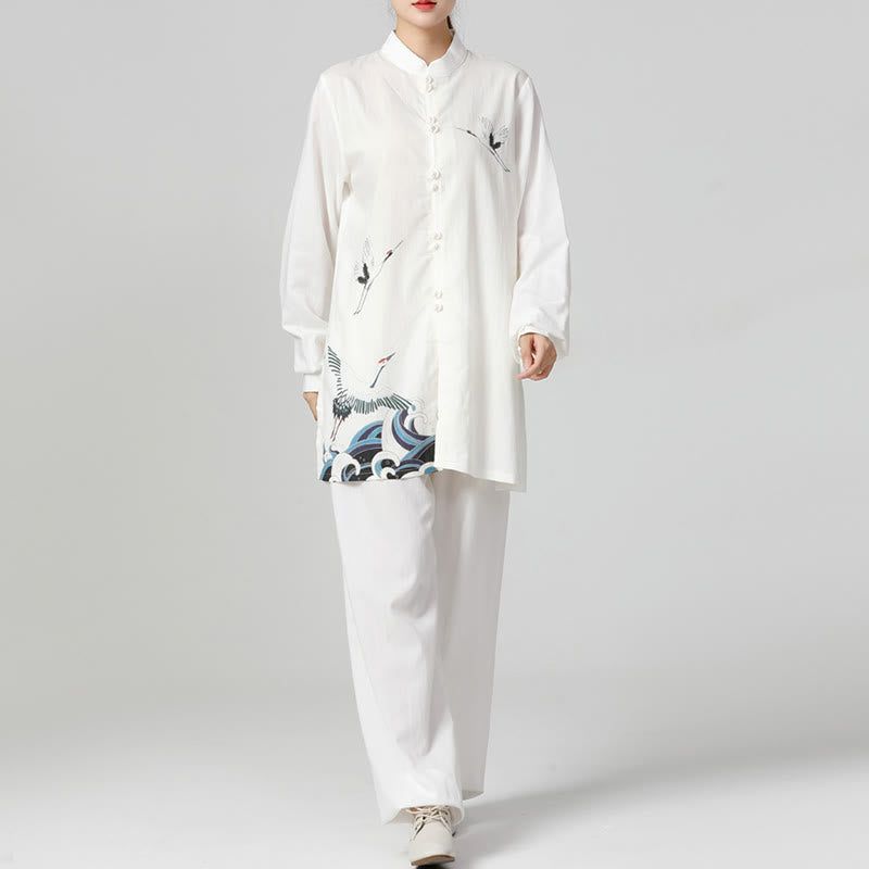 Kleidungsset mit Buddha-Steinen, Weiß Kranich, Meer, Baumwolle und Leinen, Meditation, Gebet, spirituelles Zen, Tai Chi, Qigong, Praxis - image 2