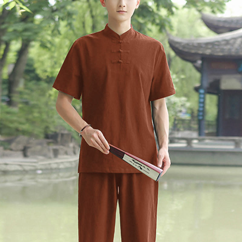 Buddha Stones 2-teiliges Herren-Kleidungsset mit kurzärmeligen Hemden, Oberteilen, T-Shirts und Hosen, Meditation, Zen, Tai Chi, Baumwolle und Leinen - Braun (Oberteil & Hose) - US/UK/AU48, EU58 (6XL) - image 6