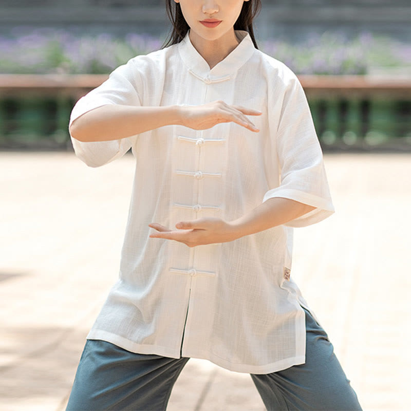 Buddha-Steine, einfarbig, Frosch-Knopf, Meditation, Gebet, spirituelles Zen, Tai Chi, Qigong, Praxis, Unisex-Kleidungsset - Damen - Nur weißes Oberteil - XXL - image 0