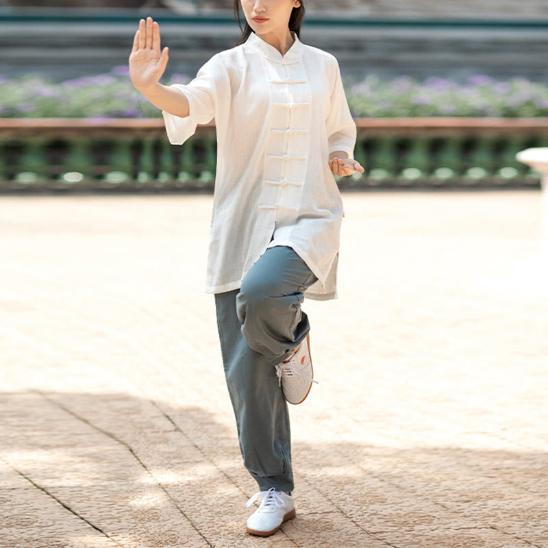 Buddha-Steine, einfarbig, Frosch-Knopf, Meditation, Gebet, spirituelles Zen, Tai Chi, Qigong, Praxis, Unisex-Kleidungsset - Damen-Set: Weißes Oberteil & Graublaue Hose - XXL - image 3