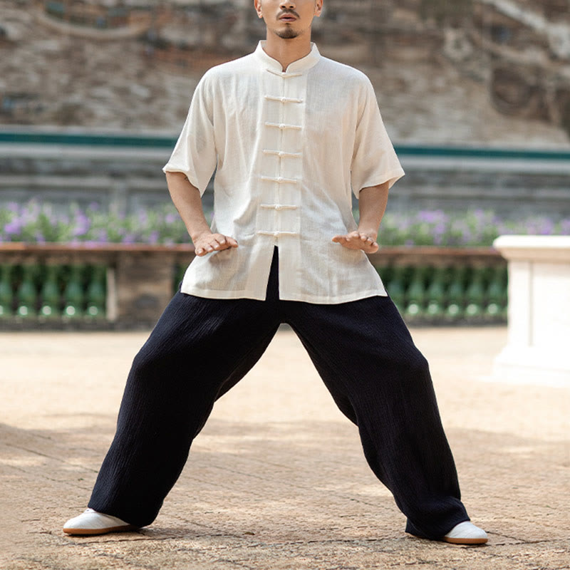 Buddha-Steine, einfarbig, Frosch-Knopf, Meditation, Gebet, spirituelles Zen, Tai Chi, Qigong, Praxis, Unisex-Kleidungsset - Herren-Set: Weißes Oberteil & Schwarze Hose - XXL - image 9