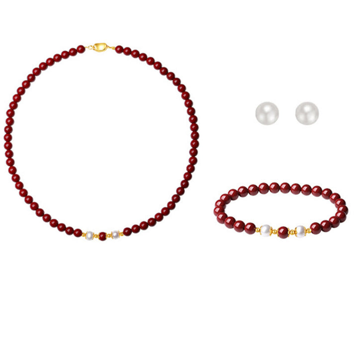 Buddha Stones 925 Sterling Silber Natürliche Zinnoberperle Segensschmuckset mit Halskette, Anhänger, Armband und Ohrringen - image 9