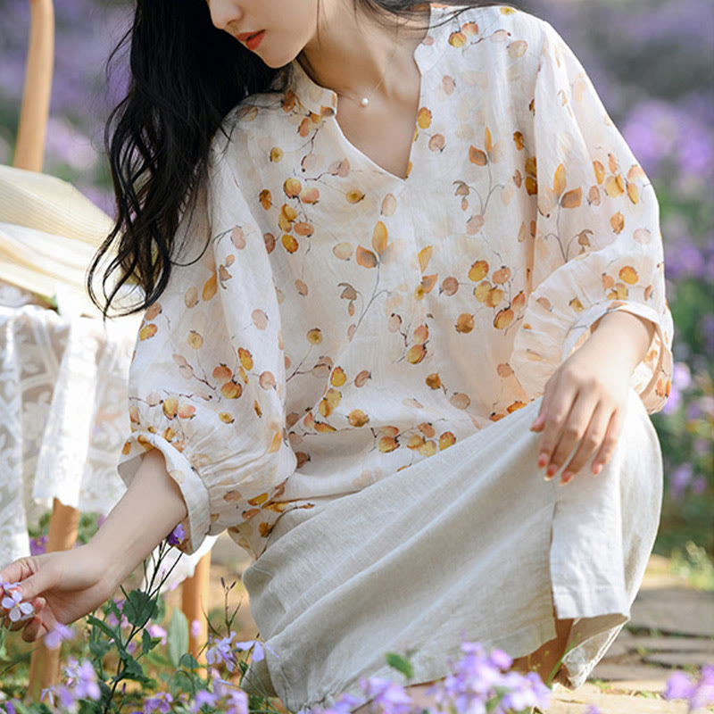 T-Shirt mit Buddha-Steinen, Früchten und Blättern, Laternenärmeln, lockeres Oberteil - image 11