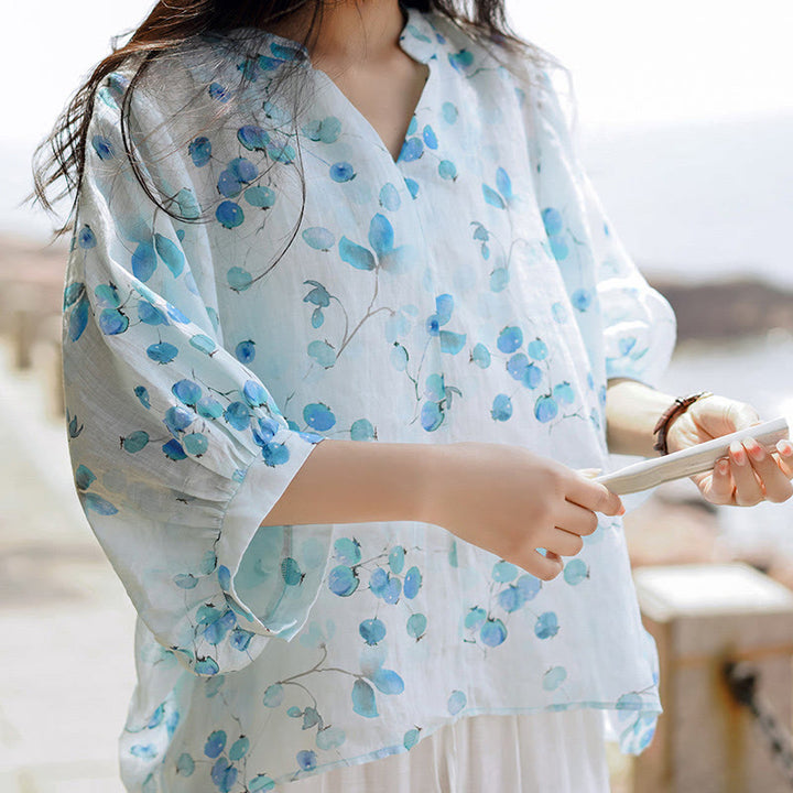 T-Shirt mit Buddha-Steinen, Früchten und Blättern, Laternenärmeln, lockeres Oberteil - image 3