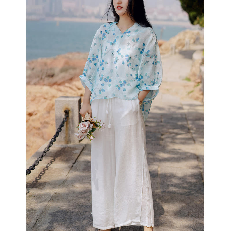 T-Shirt mit Buddha-Steinen, Früchten und Blättern, Laternenärmeln, lockeres Oberteil - image 7