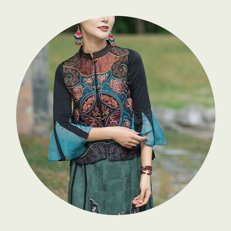 Ärmellose Weste mit Buddha-Steinen im Vintage-Stil, Blumen-Stickerei, Tang-Anzug-Design - image 16