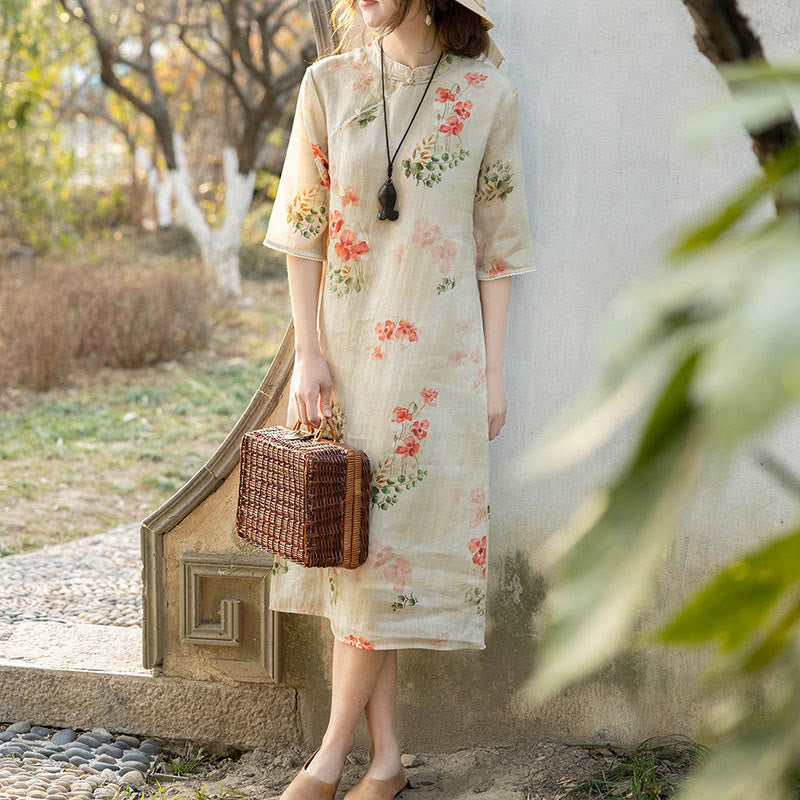 Buddha Stones Rote Blume Grüne Blätter Print Halbarm Chinesisches Cheongsam Midikleid mit Taschen