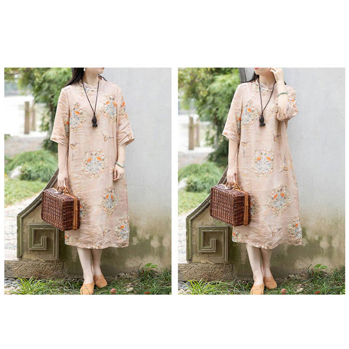 Buddha Stones Orange Blumen-/Vogel-Print Cheongsam Midikleid aus Baumwolle und Leinen, Halbarmkleid mit Taschen - image 4