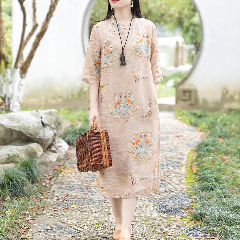 Buddha Stones Orange Blumen-/Vogel-Print Cheongsam Midikleid aus Baumwolle und Leinen, Halbarmkleid mit Taschen - image 1