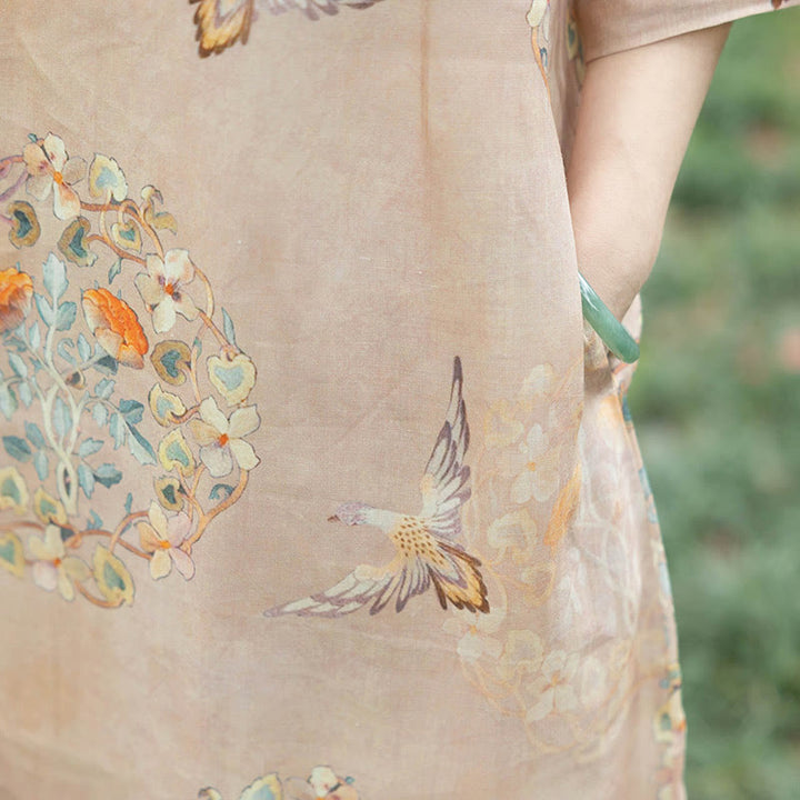 Buddha Stones Orange Blumen-/Vogel-Print Cheongsam Midikleid aus Baumwolle und Leinen, Halbarmkleid mit Taschen - image 3