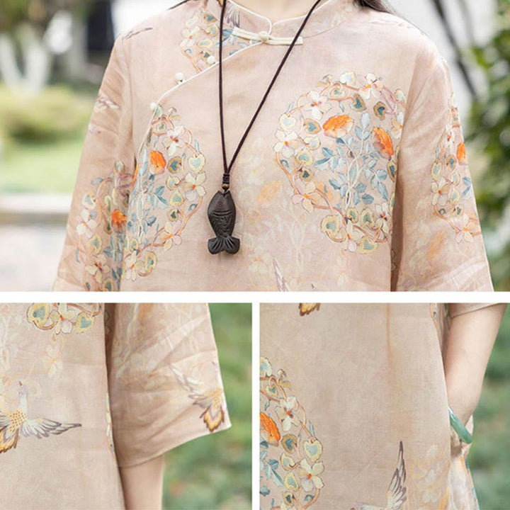 Buddha Stones Orange Blumen-/Vogel-Print Cheongsam Midikleid aus Baumwolle und Leinen, Halbarmkleid mit Taschen - image 2