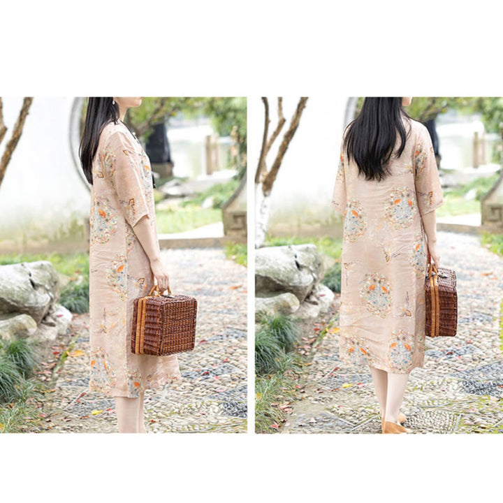 Buddha Stones Orange Blumen-/Vogel-Print Cheongsam Midikleid aus Baumwolle und Leinen, Halbarmkleid mit Taschen - image 5