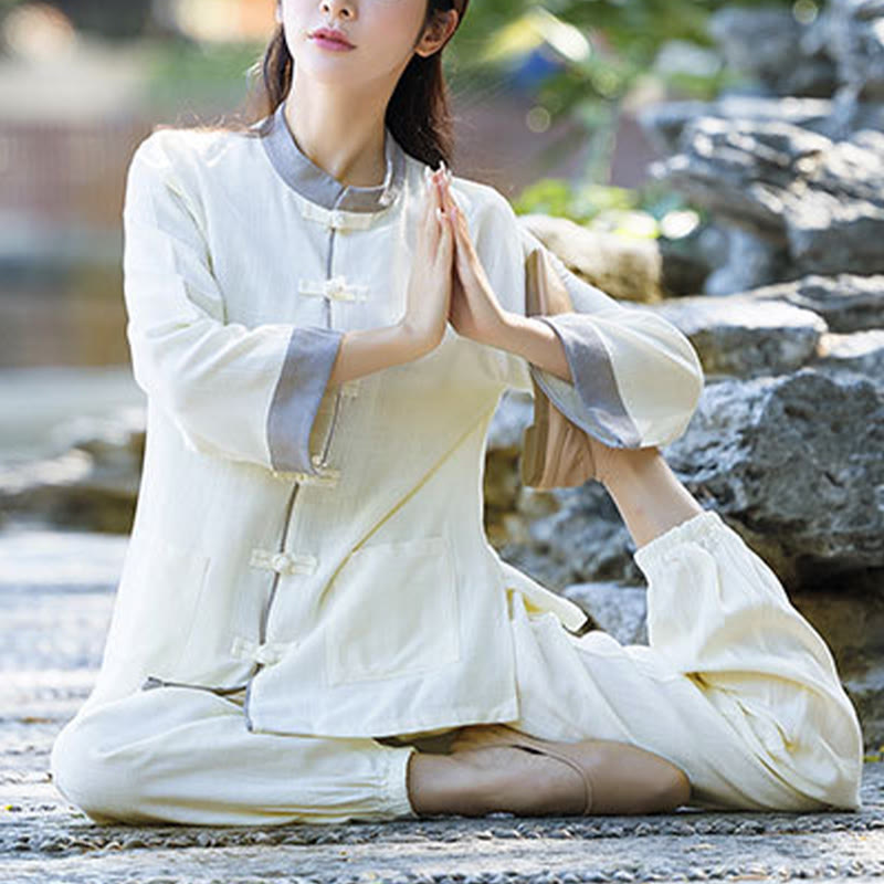 Buddha Stones 2-teiliges Set mit Froschknöpfen, langärmeliges Hemd, Oberteil und Hose, Meditation, Zen, Tai Chi, Baumwoll-Leinen-Kleidung für Damen - image 1