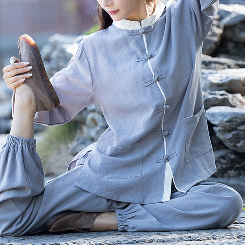 Buddha Stones 2-teiliges Set mit Froschknöpfen, langärmeliges Hemd, Oberteil und Hose, Meditation, Zen, Tai Chi, Baumwoll-Leinen-Kleidung für Damen - image 6