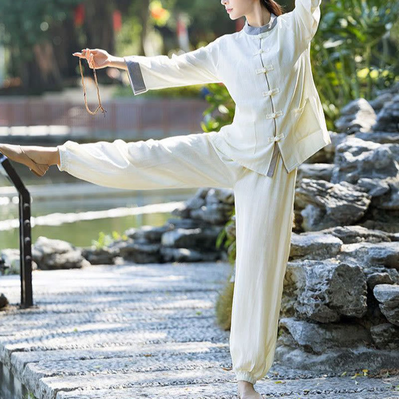 Buddha Stones 2-teiliges Set mit Froschknöpfen, langärmeliges Hemd, Oberteil und Hose, Meditation, Zen, Tai Chi, Baumwoll-Leinen-Kleidung für Damen - image 3