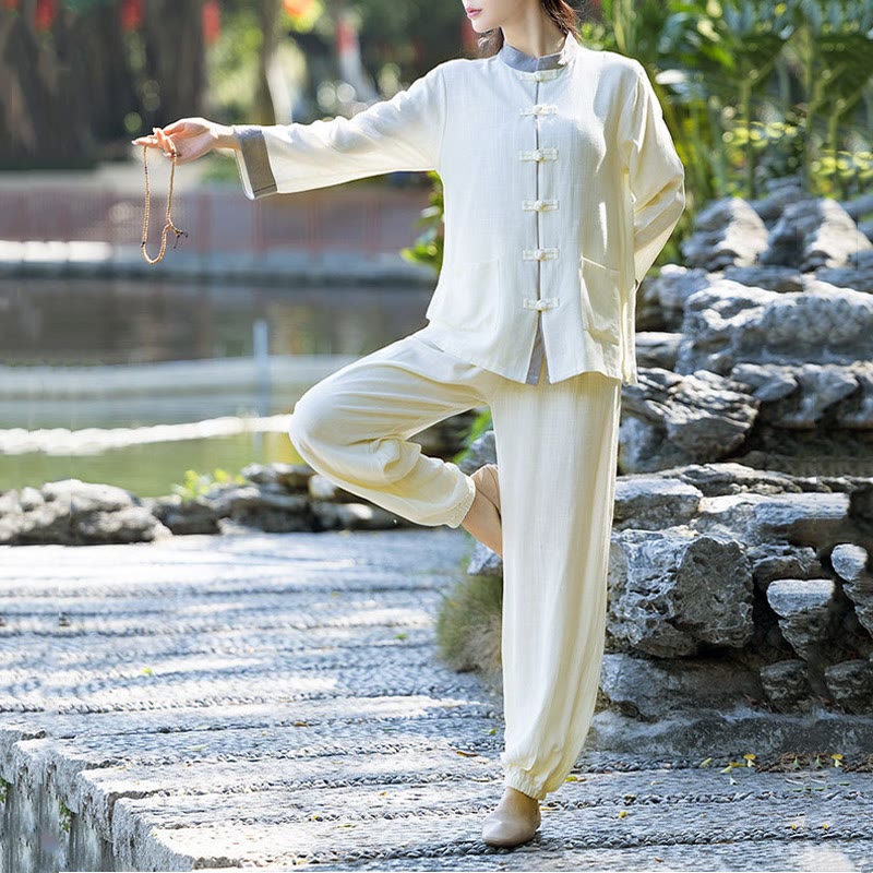 Buddha Stones 2-teiliges Set mit Froschknöpfen, langärmeliges Hemd, Oberteil und Hose, Meditation, Zen, Tai Chi, Baumwoll-Leinen-Kleidung für Damen - Beige (Oberteil und Hose) - US8-10， UK/AU12-14，EU40-42 (2XL) - image 0