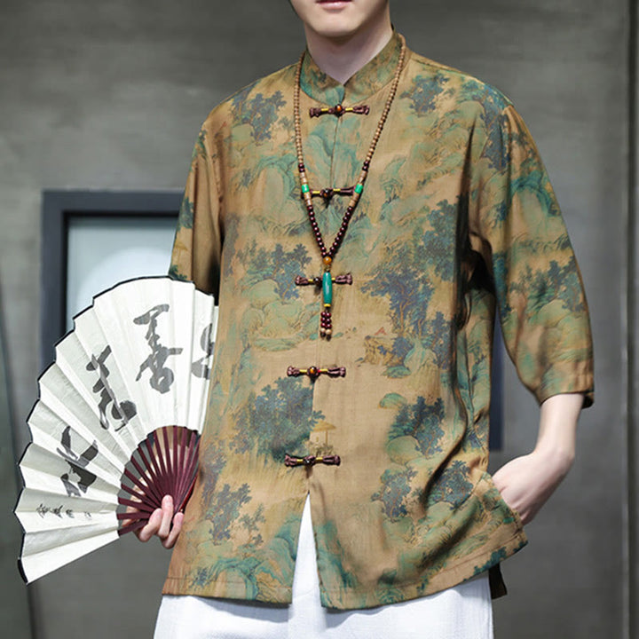 Buddha-Steine-Landschaft, chinesisches Drachenmuster, chinesisches Dreiviertelärmel-Shirt für Herren - image 3