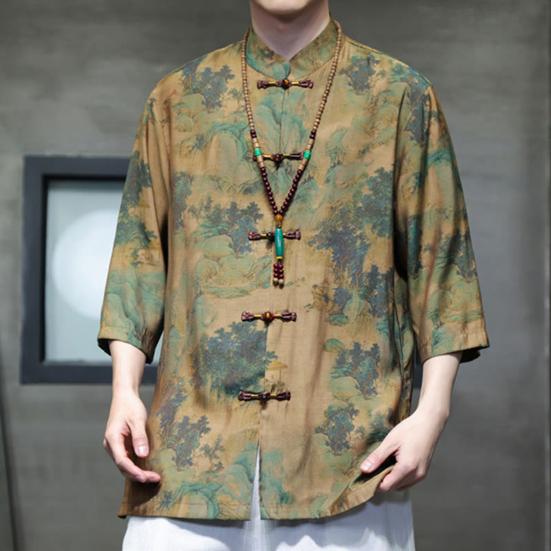 Buddha-Steine-Landschaft, chinesisches Drachenmuster, chinesisches Dreiviertelärmel-Shirt für Herren - image 6