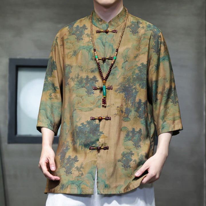 Buddha-Steine-Landschaft, chinesisches Drachenmuster, chinesisches Dreiviertelärmel-Shirt für Herren - image 6