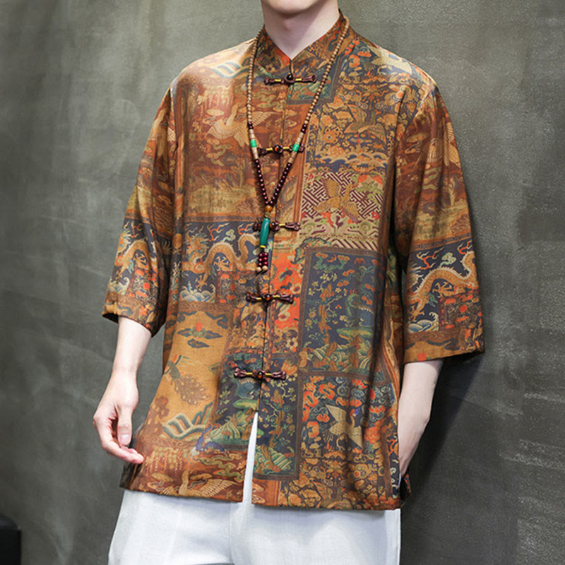 Buddha-Steine-Landschaft, chinesisches Drachenmuster, chinesisches Dreiviertelärmel-Shirt für Herren - image 16