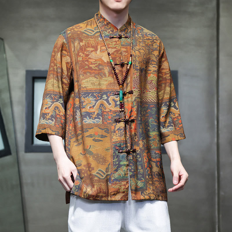 Buddha-Steine-Landschaft, chinesisches Drachenmuster, chinesisches Dreiviertelärmel-Shirt für Herren - image 20