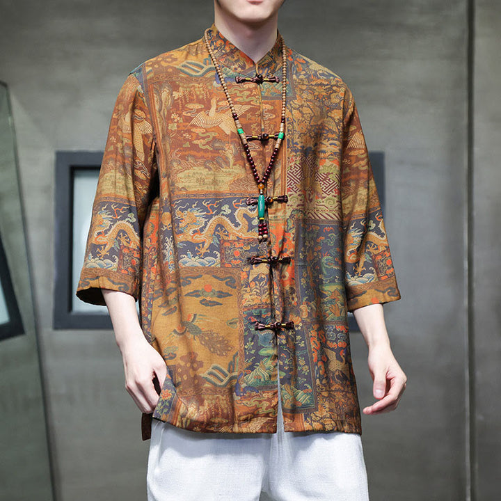 Buddha-Steine-Landschaft, chinesisches Drachenmuster, chinesisches Dreiviertelärmel-Shirt für Herren - image 20