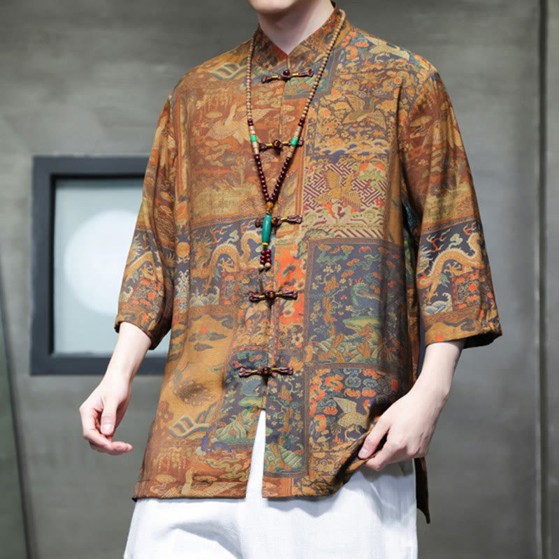 Buddha-Steine-Landschaft, chinesisches Drachenmuster, chinesisches Dreiviertelärmel-Shirt für Herren - image 17