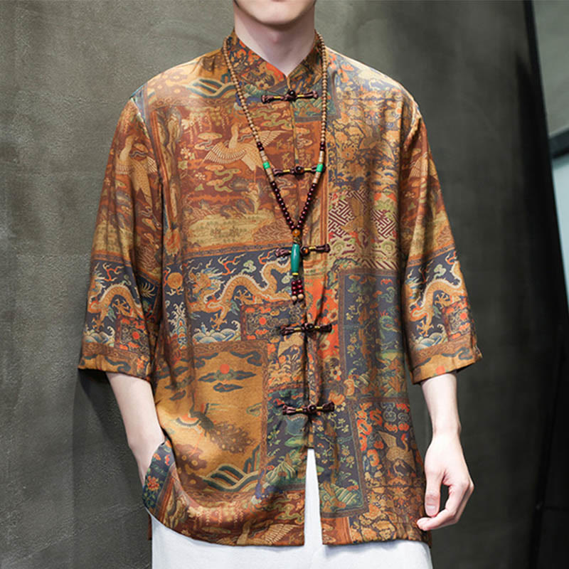 Buddha-Steine-Landschaft, chinesisches Drachenmuster, chinesisches Dreiviertelärmel-Shirt für Herren - image 14