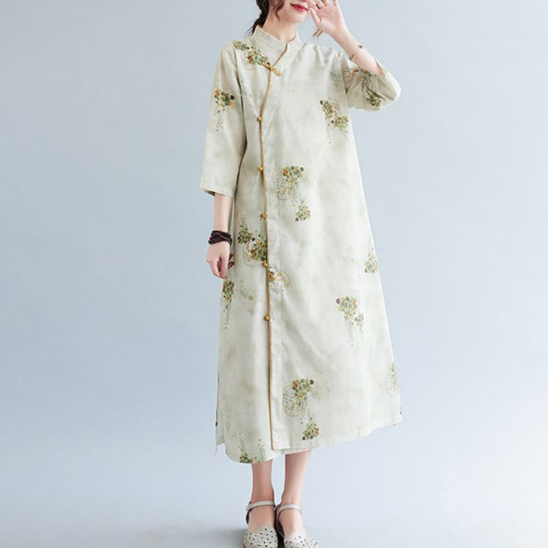 Cheongsam-Midikleid mit Buddha-Steinen, Blumen, Grün und Gelb, Blätter-Print, Dreiviertelärmel, mit Taschen - image 1