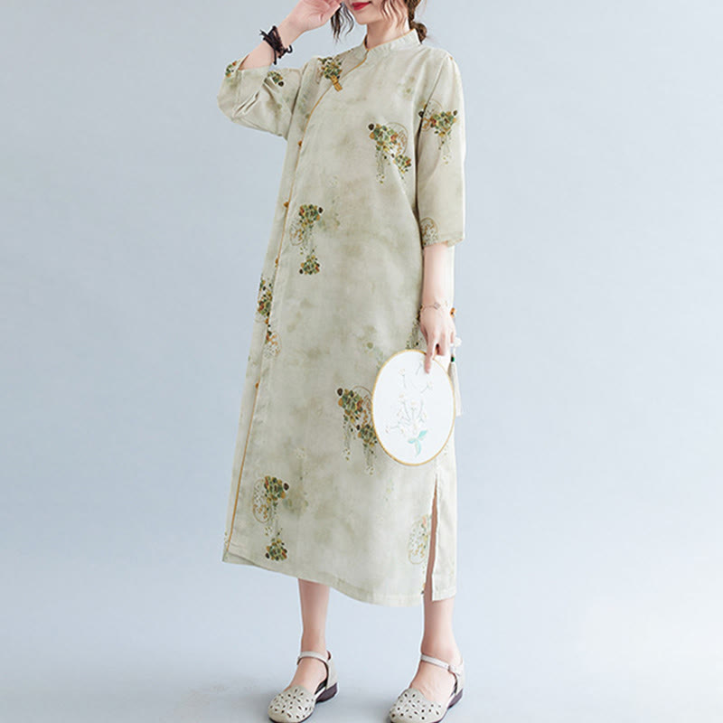 Cheongsam-Midikleid mit Buddha-Steinen, Blumen, Grün und Gelb, Blätter-Print, Dreiviertelärmel, mit Taschen - image 2