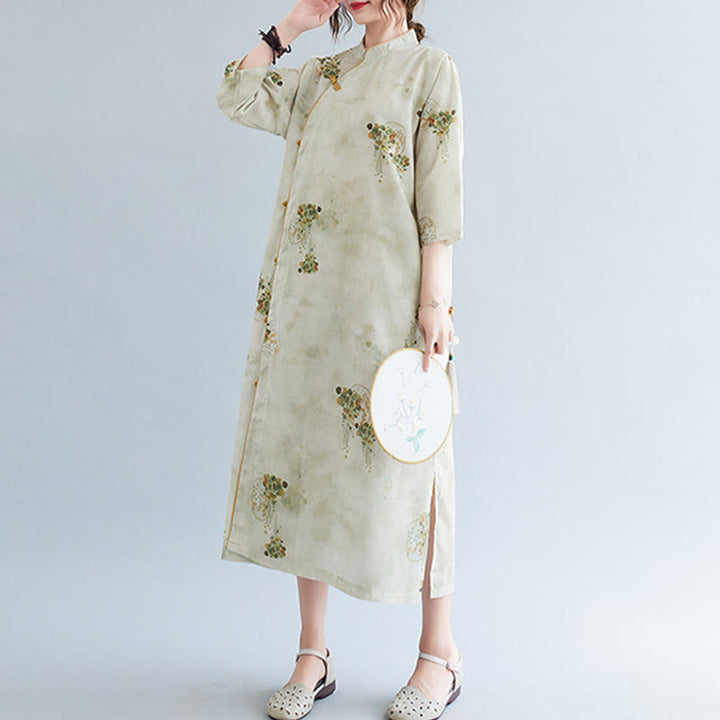 Cheongsam-Midikleid mit Buddha-Steinen, Blumen, Grün und Gelb, Blätter-Print, Dreiviertelärmel, mit Taschen - image 2