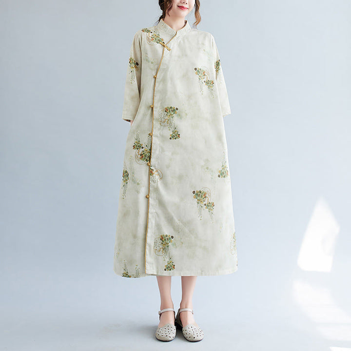 Cheongsam-Midikleid mit Buddha-Steinen, Blumen, Grün und Gelb, Blätter-Print, Dreiviertelärmel, mit Taschen - image 3