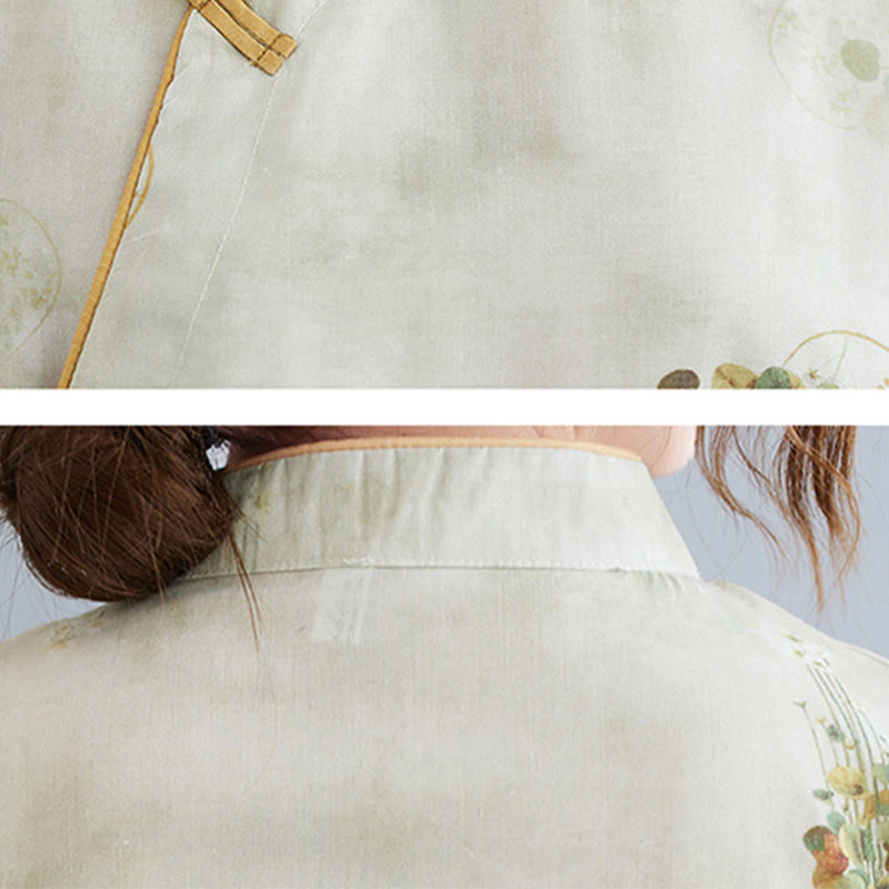 Cheongsam-Midikleid mit Buddha-Steinen, Blumen, Grün und Gelb, Blätter-Print, Dreiviertelärmel, mit Taschen - image 8