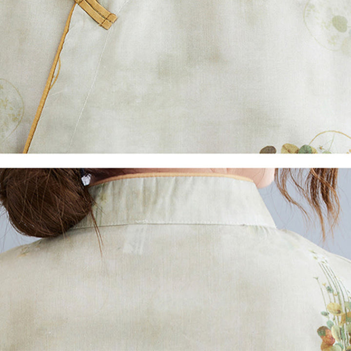 Cheongsam-Midikleid mit Buddha-Steinen, Blumen, Grün und Gelb, Blätter-Print, Dreiviertelärmel, mit Taschen - image 8