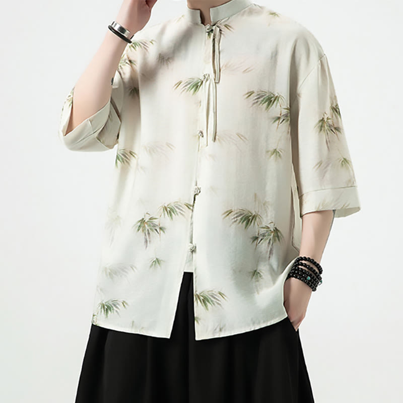 Buddha Stones Grün Gelb Bambus Blätter Druck Halbarm Shirt Herren T-shirt - image 1