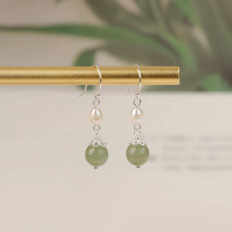 Buddha Stones 925 Sterling Silber Naturperle Jade Weisheit Ohrringe - image 1