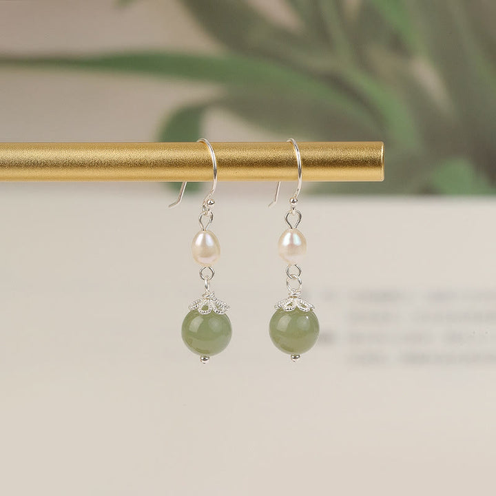 Buddha Stones 925 Sterling Silber Naturperle Jade Weisheit Ohrringe - image 1