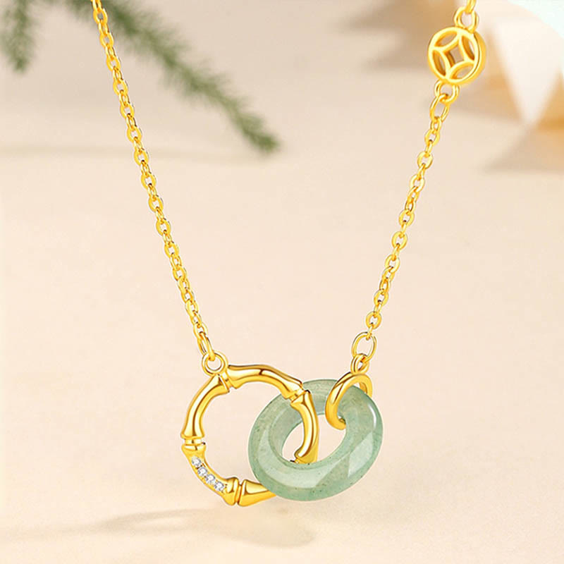 Buddha Stones 925 Sterling Silber Natürlicher grüner Aventurin Friedensschnalle Bambusmünze Wohlstands-Halskettenanhänger - Grüner Aventurin - image 0