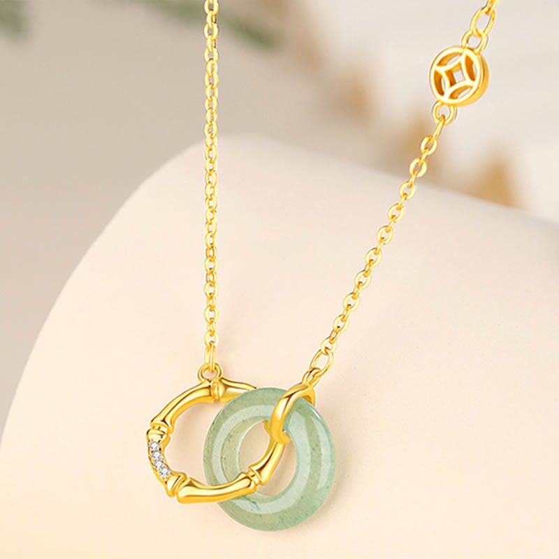 Buddha Stones 925 Sterling Silber Natürlicher grüner Aventurin Friedensschnalle Bambusmünze Wohlstands-Halskettenanhänger - image 1