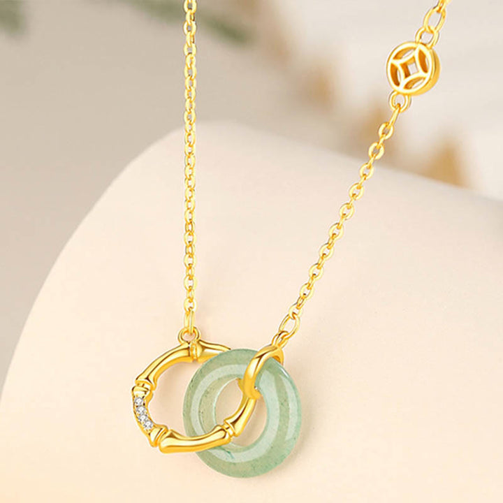 Buddha Stones 925 Sterling Silber Natürlicher grüner Aventurin Friedensschnalle Bambusmünze Wohlstands-Halskettenanhänger - image 1