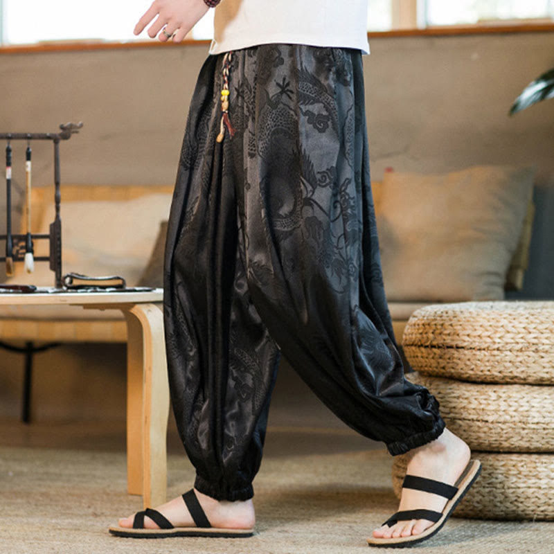 Lockere Haremshose für Herren mit Buddha-Steinen und Drachenmuster und Taschen - image 1