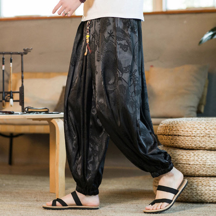 Lockere Haremshose für Herren mit Buddha-Steinen und Drachenmuster und Taschen - image 1