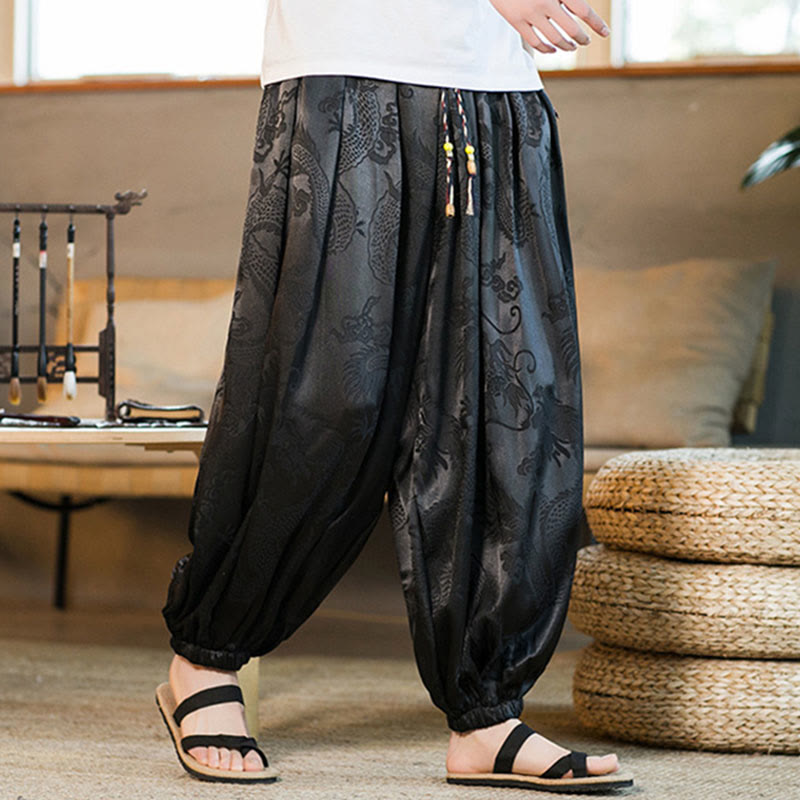 Lockere Haremshose für Herren mit Buddha-Steinen und Drachenmuster und Taschen - image 5