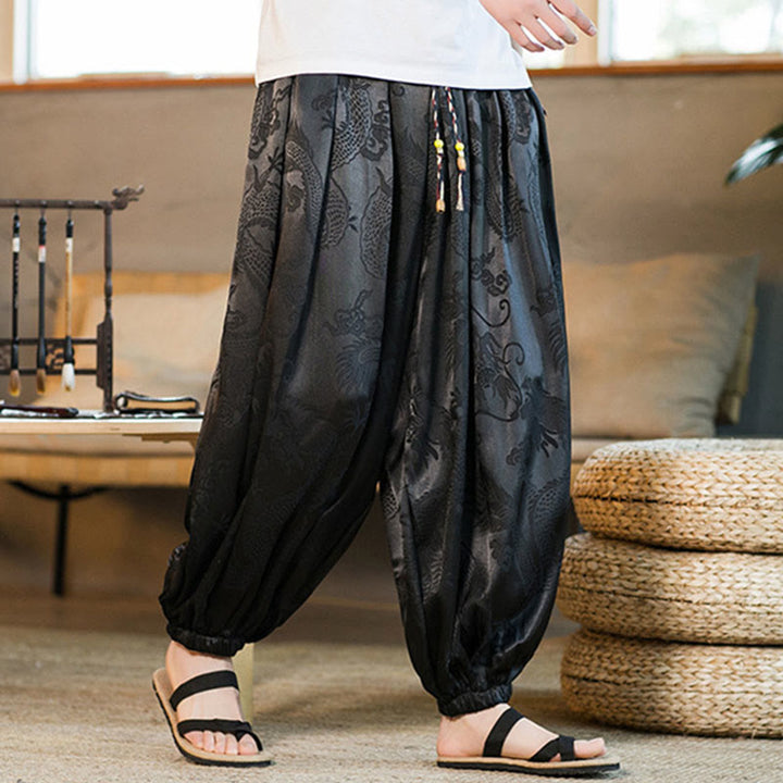 Lockere Haremshose für Herren mit Buddha-Steinen und Drachenmuster und Taschen - image 5